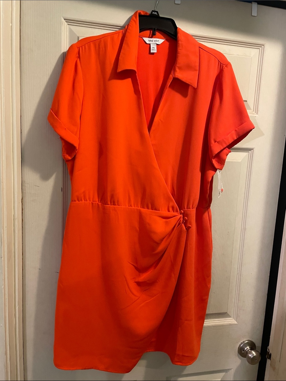 Nine West Vibrant Orange Wrap-Style Short Sleeve Dress